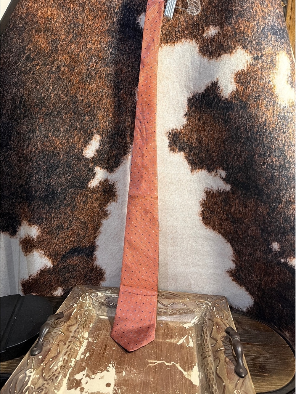 Brooks Brothers 346 Pure Silk Orange Tie with Blue Dot Pattern